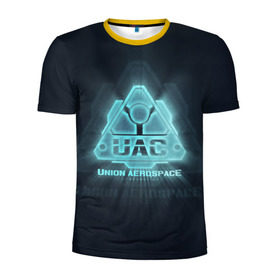 Мужская футболка 3D спортивная с принтом Union Aerospace corporation в Курске, 100% полиэстер с улучшенными характеристиками | приталенный силуэт, круглая горловина, широкие плечи, сужается к линии бедра | Тематика изображения на принте: doom | uac | дум | космос