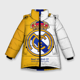 Зимняя куртка для девочек 3D с принтом Real Madrid CF в Курске, ткань верха — 100% полиэстер; подклад — 100% полиэстер, утеплитель — 100% полиэстер. | длина ниже бедра, удлиненная спинка, воротник стойка и отстегивающийся капюшон. Есть боковые карманы с листочкой на кнопках, утяжки по низу изделия и внутренний карман на молнии. 

Предусмотрены светоотражающий принт на спинке, радужный светоотражающий элемент на пуллере молнии и на резинке для утяжки. | football | испания | клуб | мадрид | реал | фк | футбольный