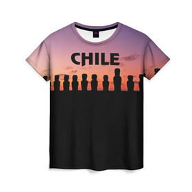 Женская футболка 3D с принтом Чили в Курске, 100% полиэфир ( синтетическое хлопкоподобное полотно) | прямой крой, круглый вырез горловины, длина до линии бедер | изваяние | истукан | латинская америка | остров пасхи | турист | чили