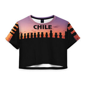 Женская футболка 3D укороченная с принтом Чили в Курске, 100% полиэстер | круглая горловина, длина футболки до линии талии, рукава с отворотами | изваяние | истукан | латинская америка | остров пасхи | турист | чили