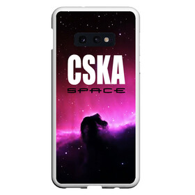 Чехол для Samsung S10E с принтом CSKA space в Курске, Силикон | Область печати: задняя сторона чехла, без боковых панелей | Тематика изображения на принте: cska | конь | космос | красно синие | на макете изображена космическая туманность в виде коня   символа пфк цска.цска | премьер лига | футбол | чемпион