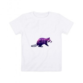 Детская футболка хлопок с принтом енот город в Курске, 100% хлопок | круглый вырез горловины, полуприлегающий силуэт, длина до линии бедер | Тематика изображения на принте: вода | город | енот | залив | здания | огни | розовый | фиолетовый