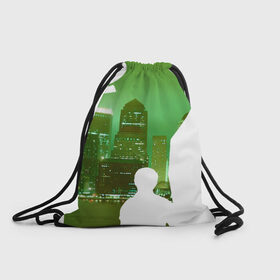 Рюкзак-мешок 3D с принтом зеленый фонарь город в Курске, 100% полиэстер | плотность ткани — 200 г/м2, размер — 35 х 45 см; лямки — толстые шнурки, застежка на шнуровке, без карманов и подкладки | вода | город | залив | здания | зеленый | огни | розовый | супергерой | фиолетовый | фонарь