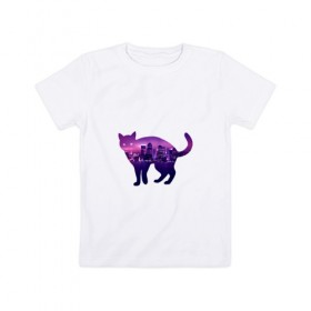 Детская футболка хлопок с принтом кошка город в Курске, 100% хлопок | круглый вырез горловины, полуприлегающий силуэт, длина до линии бедер | Тематика изображения на принте: 