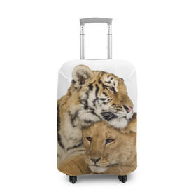 Чехол для чемодана 3D с принтом Тигр и львица в Курске, 86% полиэфир, 14% спандекс | двустороннее нанесение принта, прорези для ручек и колес | дикие | милые | природа | тигр | яркие