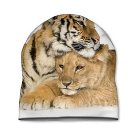 Шапка 3D с принтом Тигр и львица в Курске, 100% полиэстер | универсальный размер, печать по всей поверхности изделия | дикие | милые | природа | тигр | яркие