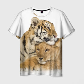 Мужская футболка 3D с принтом Тигр и львица в Курске, 100% полиэфир | прямой крой, круглый вырез горловины, длина до линии бедер | дикие | милые | природа | тигр | яркие