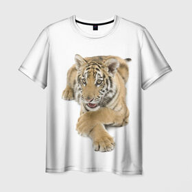 Мужская футболка 3D с принтом Ласковый тигренок в Курске, 100% полиэфир | прямой крой, круглый вырез горловины, длина до линии бедер | дикие | милые | природа | тигр | яркие