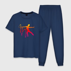 Мужская пижама хлопок с принтом Гимнастка с лентой 2 в Курске, 100% хлопок | брюки и футболка прямого кроя, без карманов, на брюках мягкая резинка на поясе и по низу штанин
 | булавы | гимнастика | гимнастка | лента | мяч | обруч | художественная гимнастика