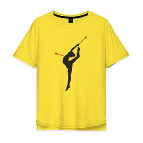 Мужская футболка хлопок Oversize с принтом Гимнастка с булавами в Курске, 100% хлопок | свободный крой, круглый ворот, “спинка” длиннее передней части | булавы | гимнастика | гимнастка | лента | мяч | обруч | художественная гимнастика
