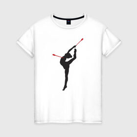 Женская футболка хлопок с принтом Гимнастка с булавами в Курске, 100% хлопок | прямой крой, круглый вырез горловины, длина до линии бедер, слегка спущенное плечо | булавы | гимнастика | гимнастка | лента | мяч | обруч | художественная гимнастика