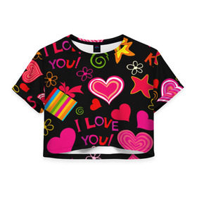 Женская футболка 3D укороченная с принтом Праздник любви в Курске, 100% полиэстер | круглая горловина, длина футболки до линии талии, рукава с отворотами | любовь | поцелуй | праздник | святой валентин | сердце | счастье | я люблю тебя