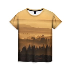 Женская футболка 3D с принтом Родные просторы в Курске, 100% полиэфир ( синтетическое хлопкоподобное полотно) | прямой крой, круглый вырез горловины, длина до линии бедер | восход | горы | даль | закат | лес | небо | облака | природа | солнце