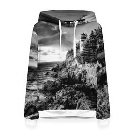 Женская толстовка 3D с принтом Маяк в Курске, 100% полиэстер  | двухслойный капюшон со шнурком для регулировки, мягкие манжеты на рукавах и по низу толстовки, спереди карман-кенгуру с мягким внутренним слоем. | black   white | forest | lighthouse | photo | rocks | sea | shore | spruce | sunset | waves | берег | волны | ельник | закат | камни | лес | маяк | море