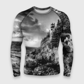 Мужской рашгард 3D с принтом Маяк в Курске,  |  | black   white | forest | lighthouse | photo | rocks | sea | shore | spruce | sunset | waves | берег | волны | ельник | закат | камни | лес | маяк | море