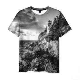 Мужская футболка 3D с принтом Маяк в Курске, 100% полиэфир | прямой крой, круглый вырез горловины, длина до линии бедер | Тематика изображения на принте: black   white | forest | lighthouse | photo | rocks | sea | shore | spruce | sunset | waves | берег | волны | ельник | закат | камни | лес | маяк | море