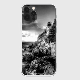 Чехол для iPhone 12 Pro Max с принтом Маяк в Курске, Силикон |  | black   white | forest | lighthouse | photo | rocks | sea | shore | spruce | sunset | waves | берег | волны | ельник | закат | камни | лес | маяк | море