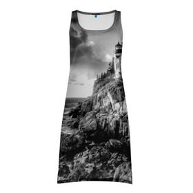 Платье-майка 3D с принтом Маяк в Курске, 100% полиэстер | полуприлегающий силуэт, широкие бретели, круглый вырез горловины, удлиненный подол сзади. | black   white | forest | lighthouse | photo | rocks | sea | shore | spruce | sunset | waves | берег | волны | ельник | закат | камни | лес | маяк | море