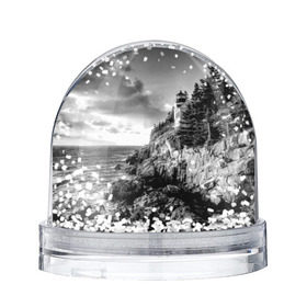 Снежный шар с принтом Маяк в Курске, Пластик | Изображение внутри шара печатается на глянцевой фотобумаге с двух сторон | Тематика изображения на принте: black   white | forest | lighthouse | photo | rocks | sea | shore | spruce | sunset | waves | берег | волны | ельник | закат | камни | лес | маяк | море
