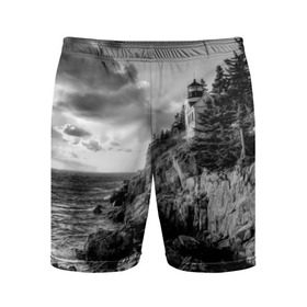 Мужские шорты 3D спортивные с принтом Маяк в Курске,  |  | black   white | forest | lighthouse | photo | rocks | sea | shore | spruce | sunset | waves | берег | волны | ельник | закат | камни | лес | маяк | море
