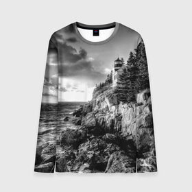 Мужской лонгслив 3D с принтом Маяк в Курске, 100% полиэстер | длинные рукава, круглый вырез горловины, полуприлегающий силуэт | black   white | forest | lighthouse | photo | rocks | sea | shore | spruce | sunset | waves | берег | волны | ельник | закат | камни | лес | маяк | море