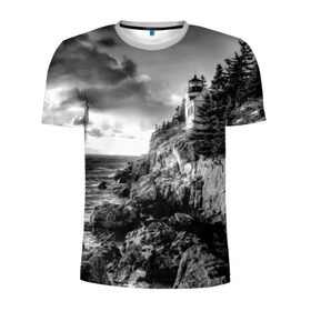 Мужская футболка 3D спортивная с принтом Маяк в Курске, 100% полиэстер с улучшенными характеристиками | приталенный силуэт, круглая горловина, широкие плечи, сужается к линии бедра | Тематика изображения на принте: black   white | forest | lighthouse | photo | rocks | sea | shore | spruce | sunset | waves | берег | волны | ельник | закат | камни | лес | маяк | море