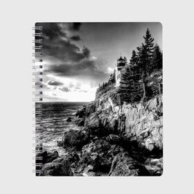 Тетрадь с принтом Маяк в Курске, 100% бумага | 48 листов, плотность листов — 60 г/м2, плотность картонной обложки — 250 г/м2. Листы скреплены сбоку удобной пружинной спиралью. Уголки страниц и обложки скругленные. Цвет линий — светло-серый
 | Тематика изображения на принте: black   white | forest | lighthouse | photo | rocks | sea | shore | spruce | sunset | waves | берег | волны | ельник | закат | камни | лес | маяк | море