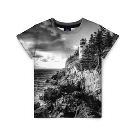 Детская футболка 3D с принтом Маяк в Курске, 100% гипоаллергенный полиэфир | прямой крой, круглый вырез горловины, длина до линии бедер, чуть спущенное плечо, ткань немного тянется | Тематика изображения на принте: black   white | forest | lighthouse | photo | rocks | sea | shore | spruce | sunset | waves | берег | волны | ельник | закат | камни | лес | маяк | море