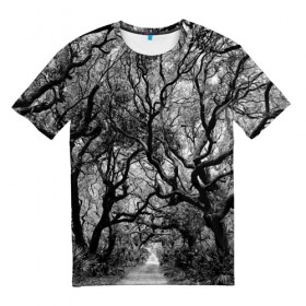 Мужская футболка 3D с принтом Деревья в Курске, 100% полиэфир | прямой крой, круглый вырез горловины, длина до линии бедер | black   white | crown | curly | forest | park | path | photo | thick | trees | деревья | дорожка | дремучий | крона | кудрявая | лес | парк | фото | черно   белое