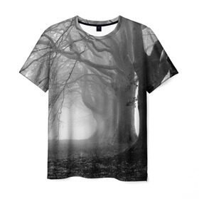 Мужская футболка 3D с принтом Туман в лесу в Курске, 100% полиэфир | прямой крой, круглый вырез горловины, длина до линии бедер | black   white | fog | forest | morning | photo | silhouette | trees | деревья | лес | силуэт | туман | утро | фото | черно   белое
