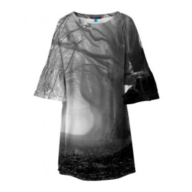 Детское платье 3D с принтом Туман в лесу в Курске, 100% полиэстер | прямой силуэт, чуть расширенный к низу. Круглая горловина, на рукавах — воланы | black   white | fog | forest | morning | photo | silhouette | trees | деревья | лес | силуэт | туман | утро | фото | черно   белое
