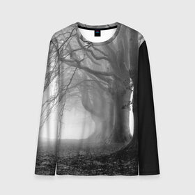 Мужской лонгслив 3D с принтом Туман в лесу в Курске, 100% полиэстер | длинные рукава, круглый вырез горловины, полуприлегающий силуэт | black   white | fog | forest | morning | photo | silhouette | trees | деревья | лес | силуэт | туман | утро | фото | черно   белое