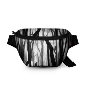 Поясная сумка 3D с принтом Утро в лесу в Курске, 100% полиэстер | плотная ткань, ремень с регулируемой длиной, внутри несколько карманов для мелочей, основное отделение и карман с обратной стороны сумки застегиваются на молнию | black   white | fog | forest | man | morning | photo | silhouette | trees | деревья | лес | силуэт | туман | утро | фото | человек | черно   белое
