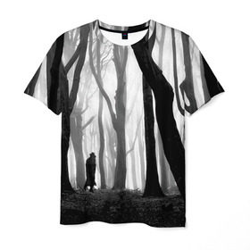 Мужская футболка 3D с принтом Утро в лесу в Курске, 100% полиэфир | прямой крой, круглый вырез горловины, длина до линии бедер | black   white | fog | forest | man | morning | photo | silhouette | trees | деревья | лес | силуэт | туман | утро | фото | человек | черно   белое
