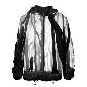 Мужская куртка 3D с принтом Утро в лесу в Курске, ткань верха — 100% полиэстер, подклад — флис | прямой крой, подол и капюшон оформлены резинкой с фиксаторами, два кармана без застежек по бокам, один большой потайной карман на груди. Карман на груди застегивается на липучку | Тематика изображения на принте: black   white | fog | forest | man | morning | photo | silhouette | trees | деревья | лес | силуэт | туман | утро | фото | человек | черно   белое