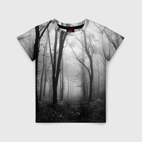 Детская футболка 3D с принтом Туман в лесу в Курске, 100% гипоаллергенный полиэфир | прямой крой, круглый вырез горловины, длина до линии бедер, чуть спущенное плечо, ткань немного тянется | black   white | fog | forest | morning | photo | silhouette | trees | деревья | лес | силуэт | туман | утро | фото | черно   белое