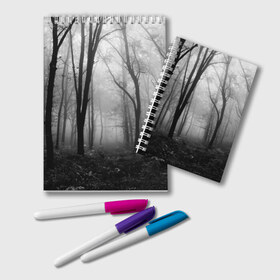 Блокнот с принтом Туман в лесу в Курске, 100% бумага | 48 листов, плотность листов — 60 г/м2, плотность картонной обложки — 250 г/м2. Листы скреплены удобной пружинной спиралью. Цвет линий — светло-серый
 | Тематика изображения на принте: black   white | fog | forest | morning | photo | silhouette | trees | деревья | лес | силуэт | туман | утро | фото | черно   белое