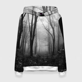 Женская толстовка 3D с принтом Туман в лесу в Курске, 100% полиэстер  | двухслойный капюшон со шнурком для регулировки, мягкие манжеты на рукавах и по низу толстовки, спереди карман-кенгуру с мягким внутренним слоем. | black   white | fog | forest | morning | photo | silhouette | trees | деревья | лес | силуэт | туман | утро | фото | черно   белое