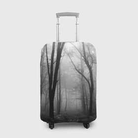 Чехол для чемодана 3D с принтом Туман в лесу в Курске, 86% полиэфир, 14% спандекс | двустороннее нанесение принта, прорези для ручек и колес | Тематика изображения на принте: black   white | fog | forest | morning | photo | silhouette | trees | деревья | лес | силуэт | туман | утро | фото | черно   белое