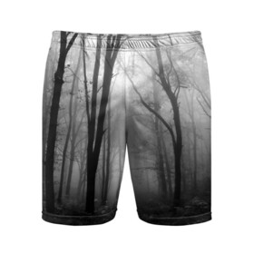 Мужские шорты 3D спортивные с принтом Туман в лесу в Курске,  |  | black   white | fog | forest | morning | photo | silhouette | trees | деревья | лес | силуэт | туман | утро | фото | черно   белое