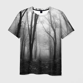 Мужская футболка 3D с принтом Туман в лесу в Курске, 100% полиэфир | прямой крой, круглый вырез горловины, длина до линии бедер | black   white | fog | forest | morning | photo | silhouette | trees | деревья | лес | силуэт | туман | утро | фото | черно   белое