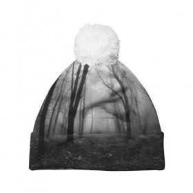 Шапка 3D c помпоном с принтом Туман в лесу в Курске, 100% полиэстер | универсальный размер, печать по всей поверхности изделия | black   white | fog | forest | morning | photo | silhouette | trees | деревья | лес | силуэт | туман | утро | фото | черно   белое