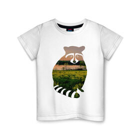 Детская футболка хлопок с принтом енот закат в Курске, 100% хлопок | круглый вырез горловины, полуприлегающий силуэт, длина до линии бедер | Тематика изображения на принте: енот | закат | залив | зелень | лето | луг | поле | солнце