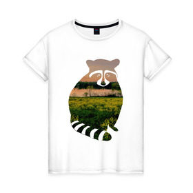 Женская футболка хлопок с принтом енот закат в Курске, 100% хлопок | прямой крой, круглый вырез горловины, длина до линии бедер, слегка спущенное плечо | енот | закат | залив | зелень | лето | луг | поле | солнце