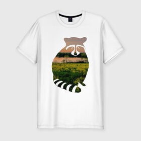 Мужская футболка премиум с принтом енот закат в Курске, 92% хлопок, 8% лайкра | приталенный силуэт, круглый вырез ворота, длина до линии бедра, короткий рукав | енот | закат | залив | зелень | лето | луг | поле | солнце