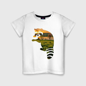 Детская футболка хлопок с принтом енот закат в Курске, 100% хлопок | круглый вырез горловины, полуприлегающий силуэт, длина до линии бедер | енот | закат | залив | зелень | лето | луг | поле | солнце