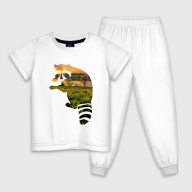 Детская пижама хлопок с принтом енот закат в Курске, 100% хлопок |  брюки и футболка прямого кроя, без карманов, на брюках мягкая резинка на поясе и по низу штанин
 | Тематика изображения на принте: енот | закат | залив | зелень | лето | луг | поле | солнце