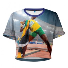 Женская футболка 3D укороченная с принтом Болт в Курске, 100% полиэстер | круглая горловина, длина футболки до линии талии, рукава с отворотами | bolt | атлетика | бег | олимпиада | усэйн