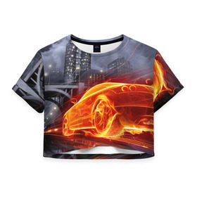 Женская футболка 3D укороченная с принтом Огненная погоня в Курске, 100% полиэстер | круглая горловина, длина футболки до линии талии, рукава с отворотами | авто | гонки | дым | машина | огонь | пламя