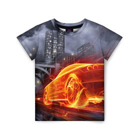 Детская футболка 3D с принтом Огненная погоня в Курске, 100% гипоаллергенный полиэфир | прямой крой, круглый вырез горловины, длина до линии бедер, чуть спущенное плечо, ткань немного тянется | авто | гонки | дым | машина | огонь | пламя